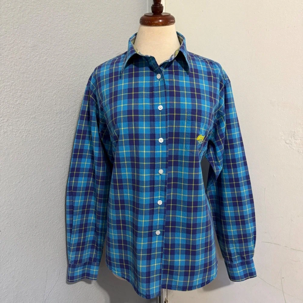 Cruel Girl Womens XL Blue Yellow Plaid‎ Western Button Down Cotton Shirt Logo